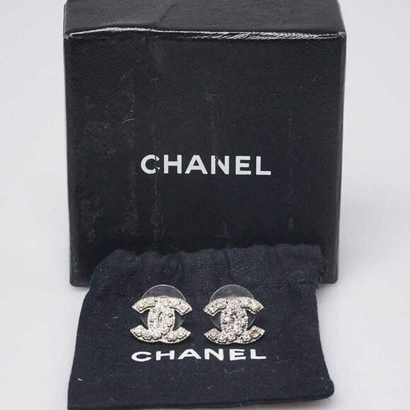 Chanel Silvertone Metal and Crystal CC Logo Earrings - Picture 1 of 5